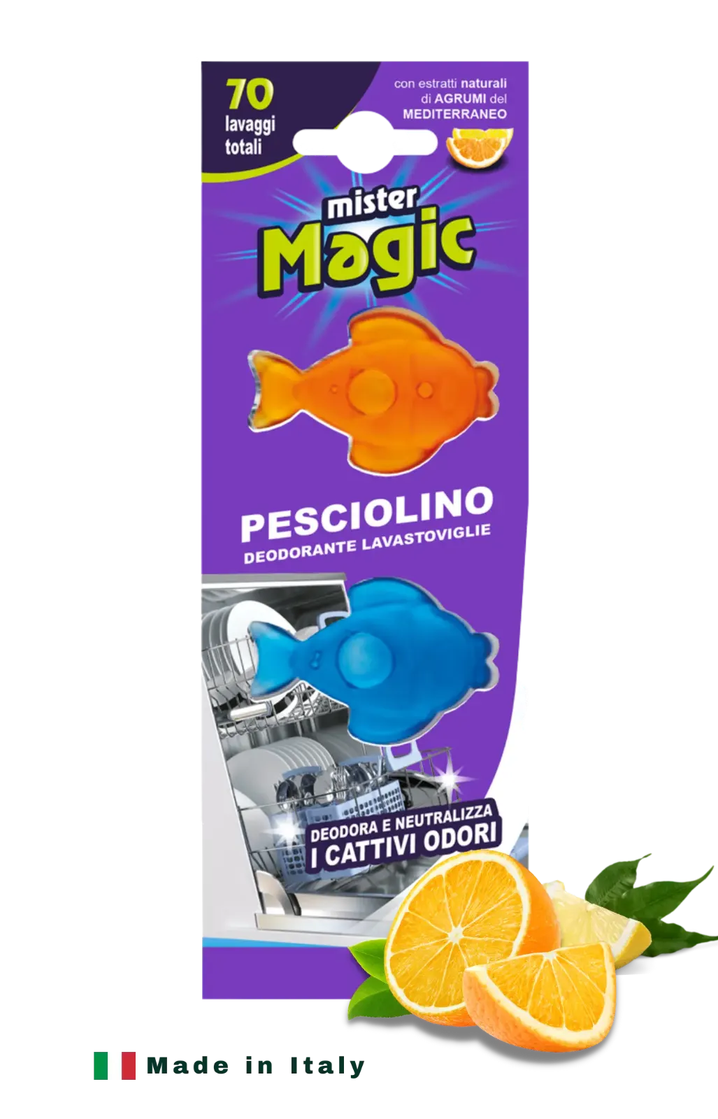 Mister Magic® ჭურჭლის სარეცხი მანქანის არომატიზატორი ციტრუსის ექსტრაქტით.